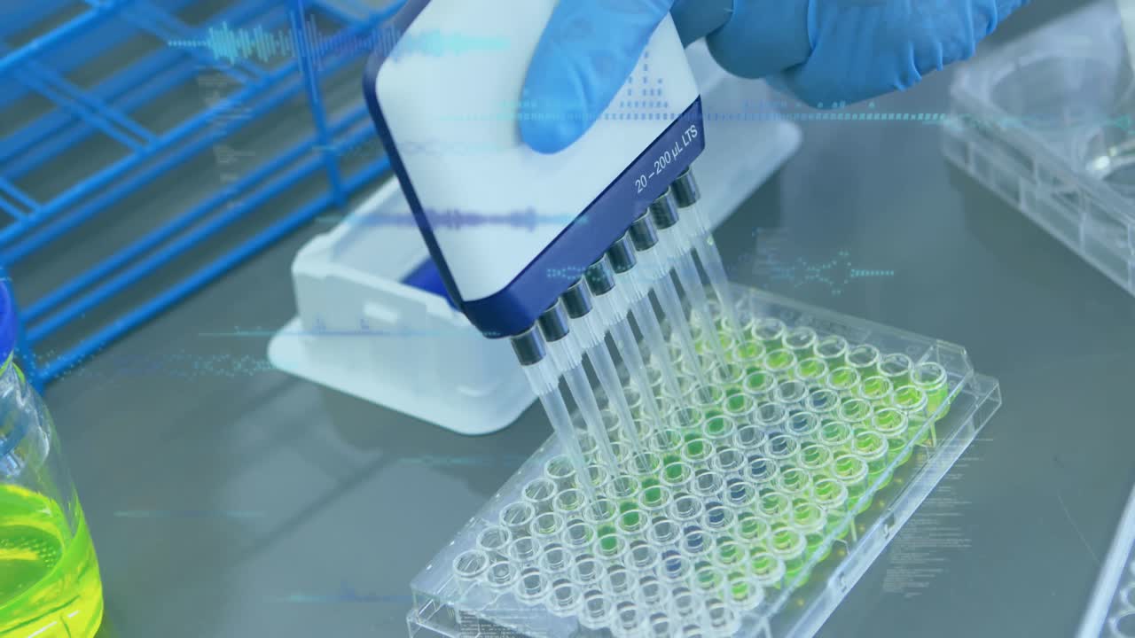 Animation of data processing over scientist taking samples in lab