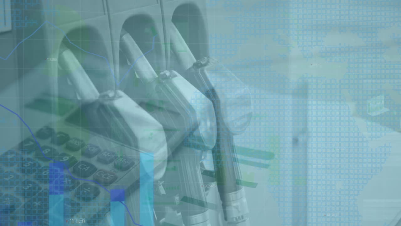 세계 지도, 계산기 및 가솔린 노즐에 대한 통계의 애니메이션