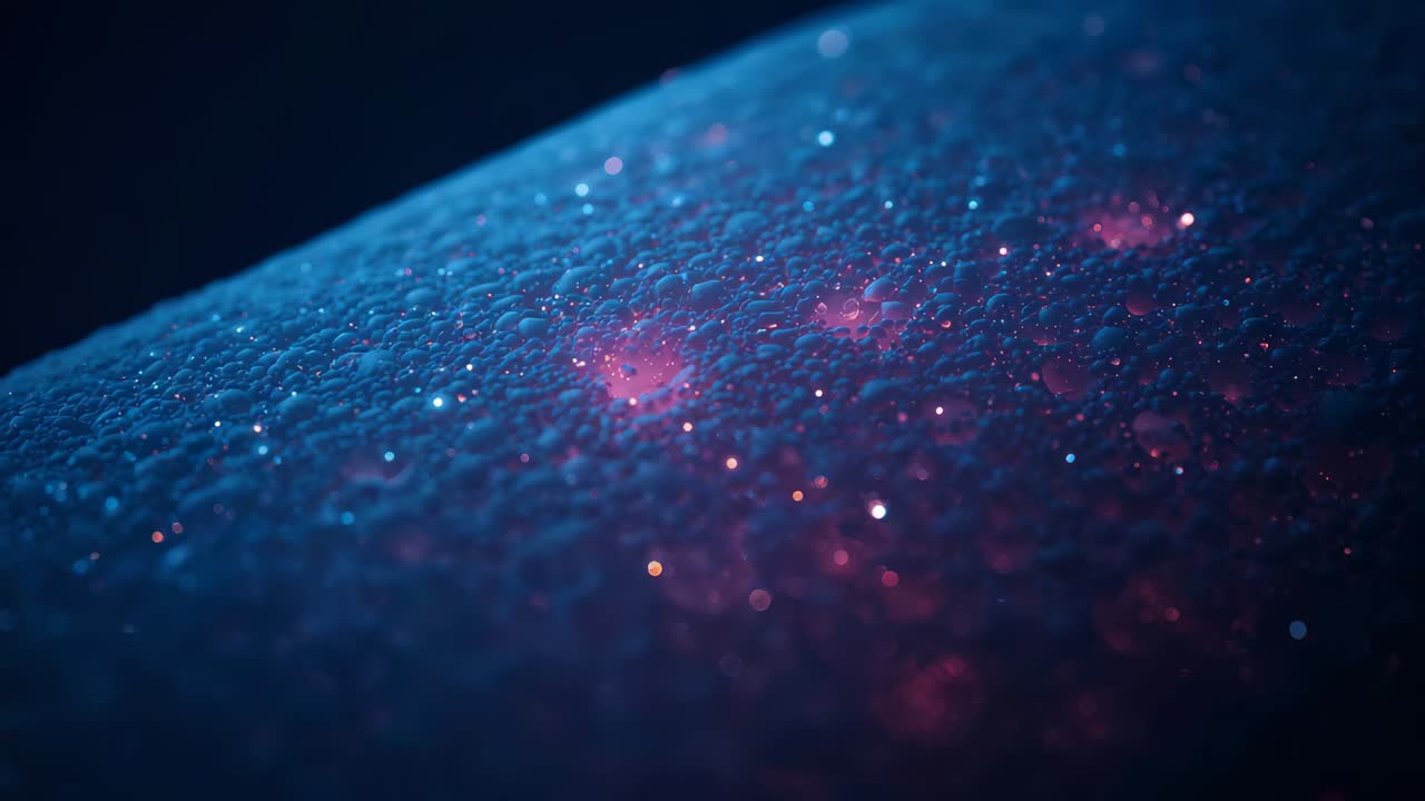 Shimmering curved textured surface reacting to subtle camera shift in studio, with pink glows