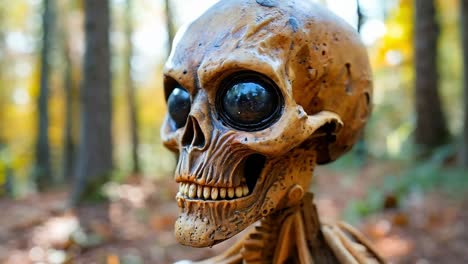 a close up of a skeleton in the woods