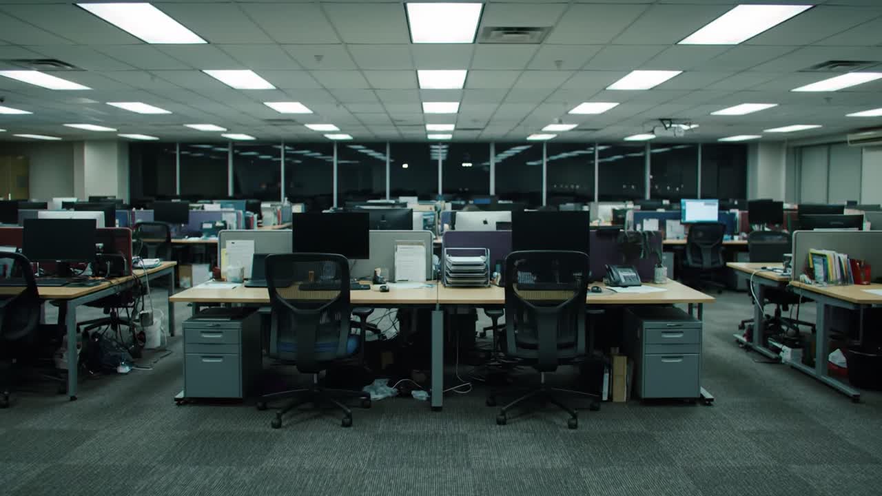 Transition from Day to Night in a Modern Office Space: A Study of Light and Shadows in an Empty Workspace Environment
