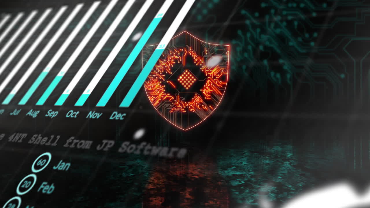 escudo de ciberseguridad y animación de procesamiento de datos en el fondo del circuito digital