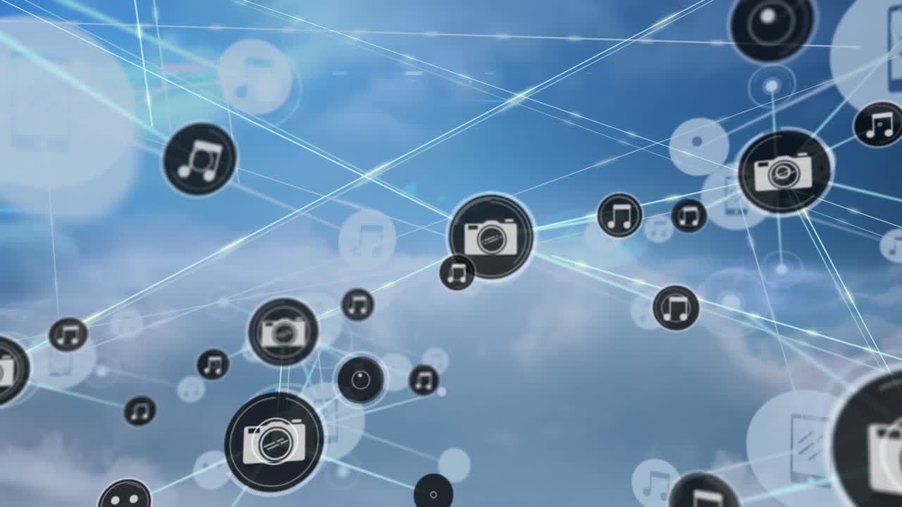 클라우드 상의 디지털 아이콘으로 연결 네트워크의 애니메이션