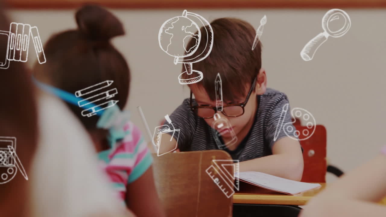 animación de iconos de artículos escolares sobre diversos escolares en el aula