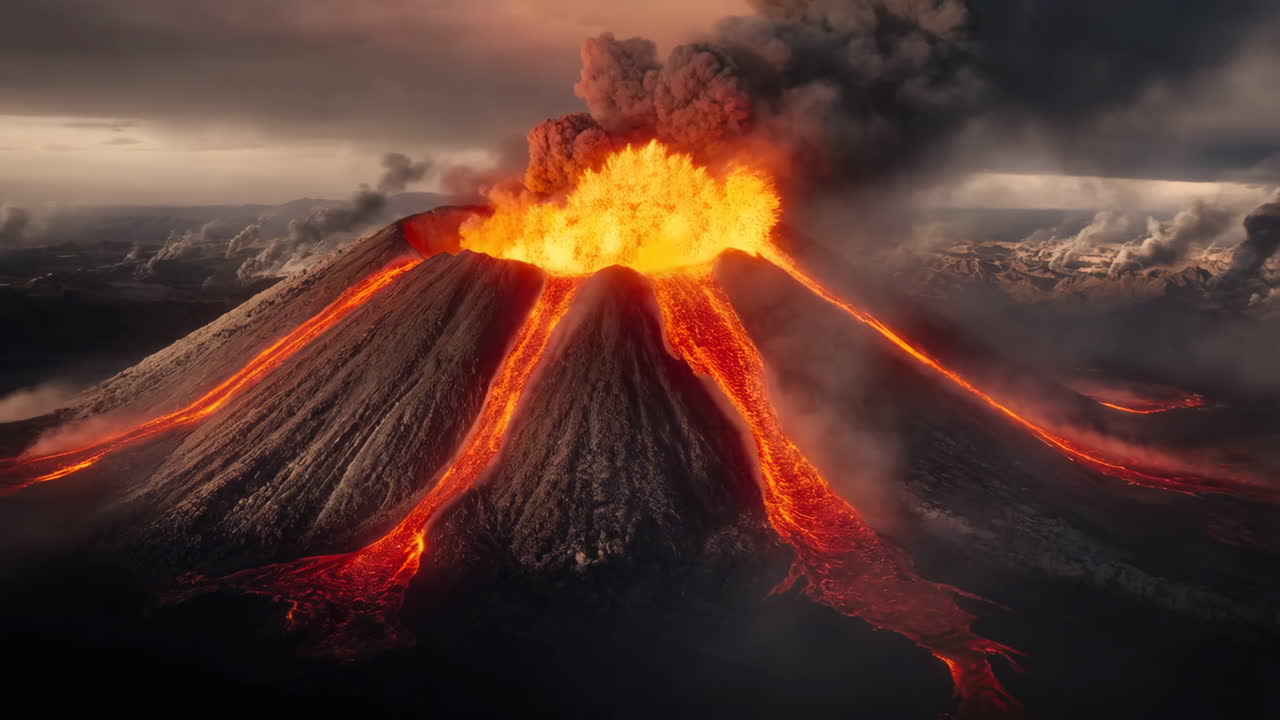 Vulcano imponente in eruzione con colate di lava infuocate e pennacchio di cenere