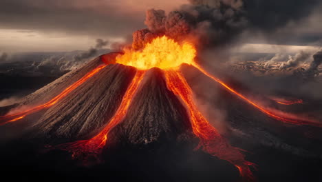 massive volcano erupting with fiery lava flows and ash plume