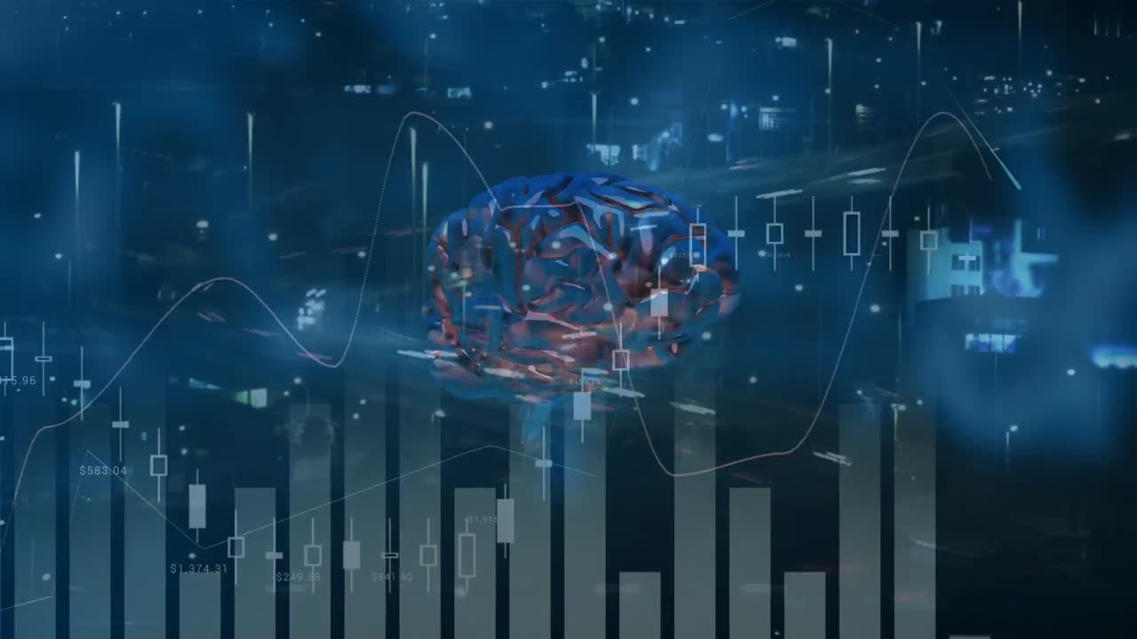 어두운 파란색 배경에 회전하는 뇌 위의 그래프의 애니메이션