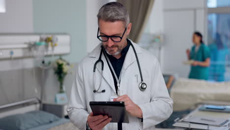 face, doctor and senior man with a tablet