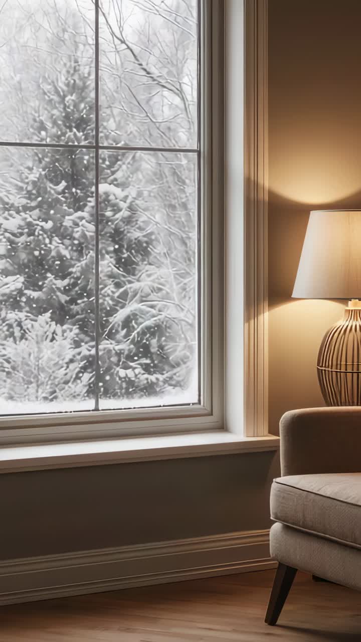 Vertical video: Panning camera revealing armchair and lit lamp in winter nook with snowy window