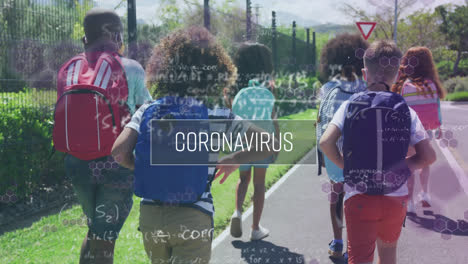 animation of word coronavirus and scientific information with children in masks walking to school