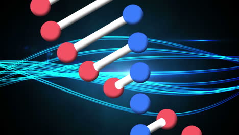 animación de una cadena de adn girando con rastros de luz azul ondulando en el fondo
