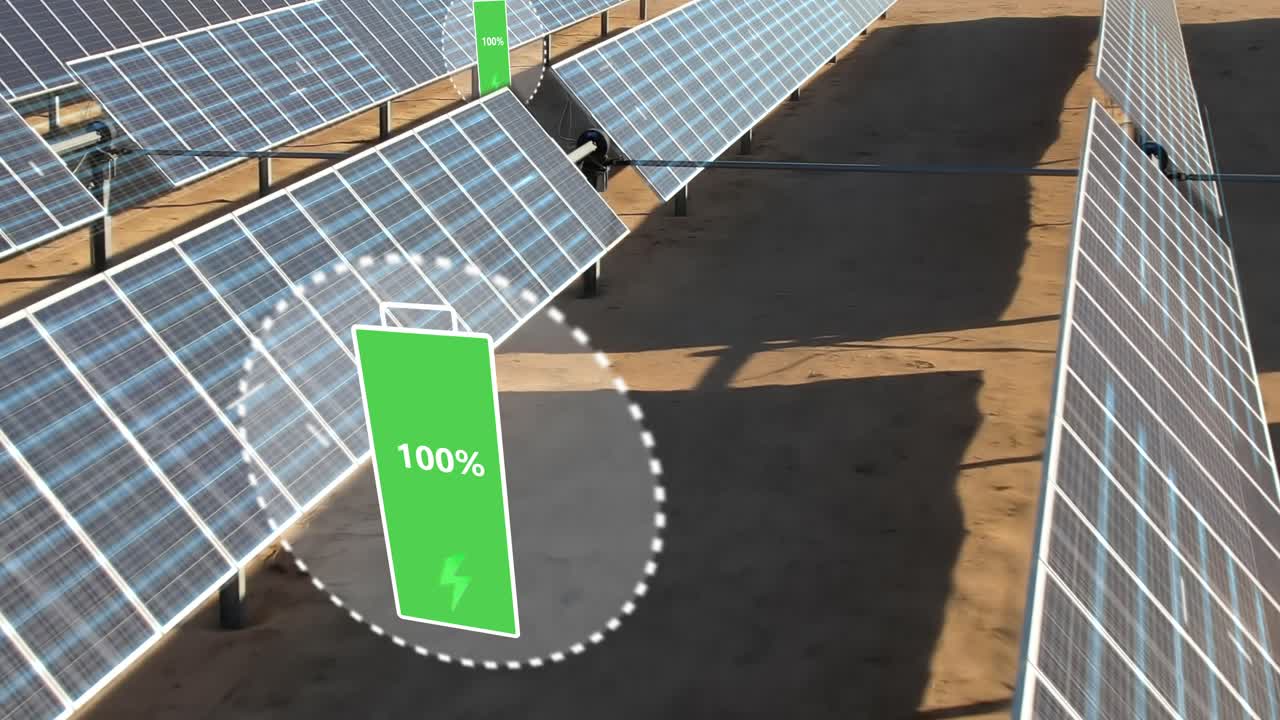 배터리 아이콘을 충전하는 미래의 태양 전지 위의 공중 뷰 - 3d 렌더
