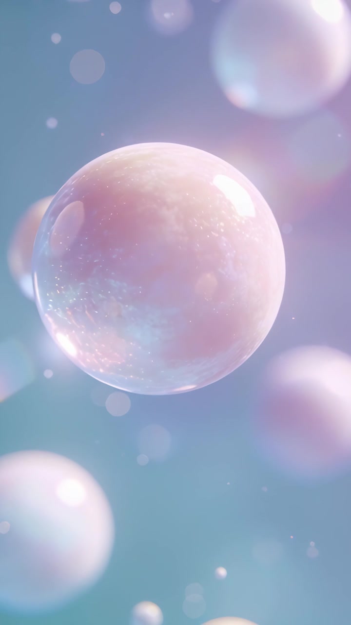 Vertical video: Drifting pearl bubble moving with light shifting making glitter in pastel set orbs