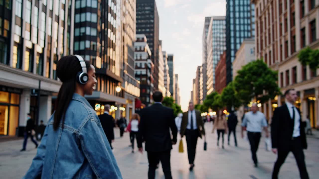 Urban video scene with a side angle view of a woman in headphones, capturing a lively city street