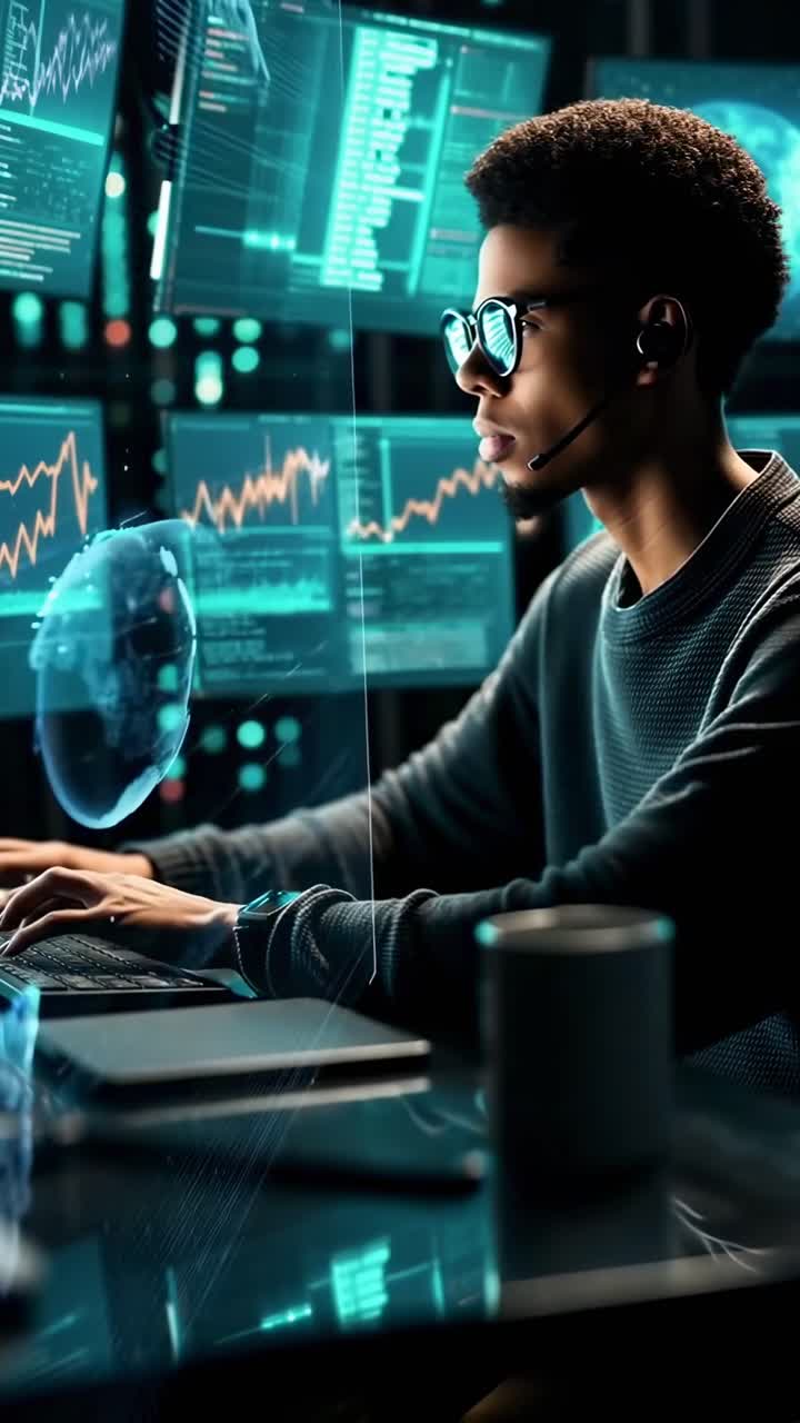 Side angle of a focused analyst in a tech hub, surrounded by data ...