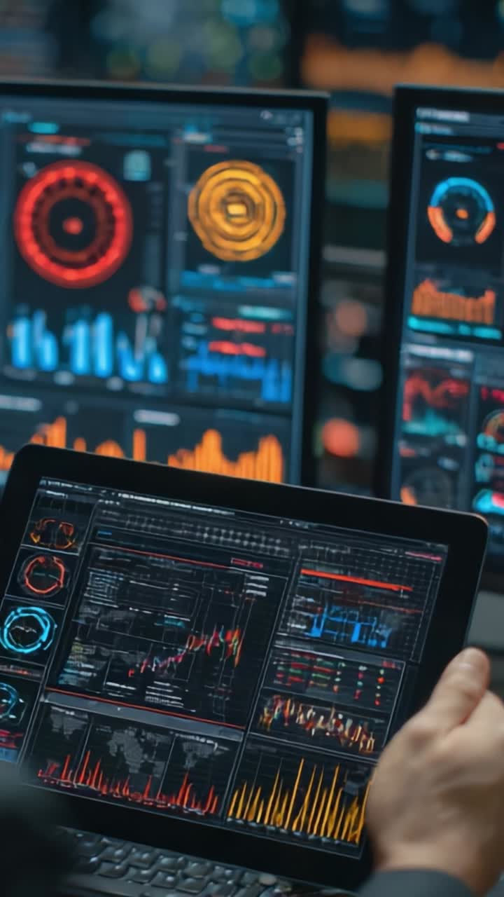 A Data Analyst Reviewing Complex Analytics on Multiple Screens Demonstrating Graphs, Charts, and Real-Time Insights in a High-Tech Environment