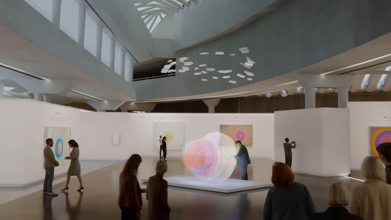 Visitors Exploring a Dynamic Modern Art Gallery with Evolving Digital Installations