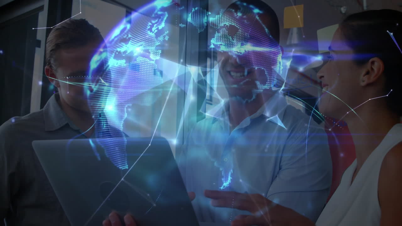 Three professionals working on laptop in tech office, interacting with holographic network globe
