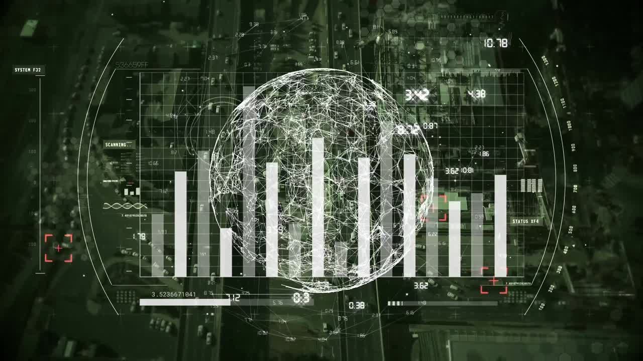 Animation of globe and cityscape over data processing