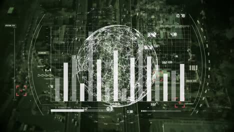 animación del globo y el paisaje urbano sobre el procesamiento de datos