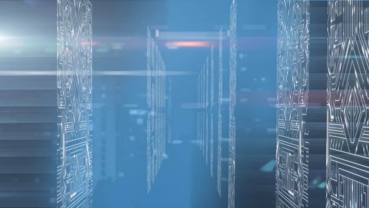 파란색 배경의 컴퓨터 서버에 빛의 흔적을 가진 데이터 처리의 애니메이션