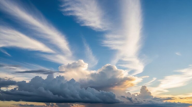 Dramatischer Himmel mit verschiedenen Wolkenformationen bei Sonnenuntergang