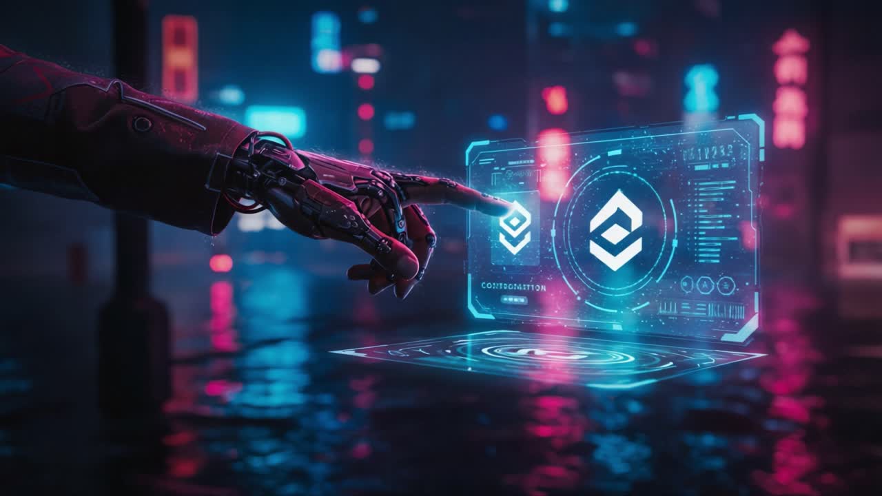 Futuristic Cybernetic Hand Interacting with Holographic Interface in a Neon-lit Rainy Environment, Showcasing Advanced Technology and Digital Innovation