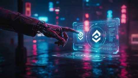 futuristic cybernetic hand interacting with holographic interface in a neon-lit rainy environment, showcasing advanced technology and digital innovation