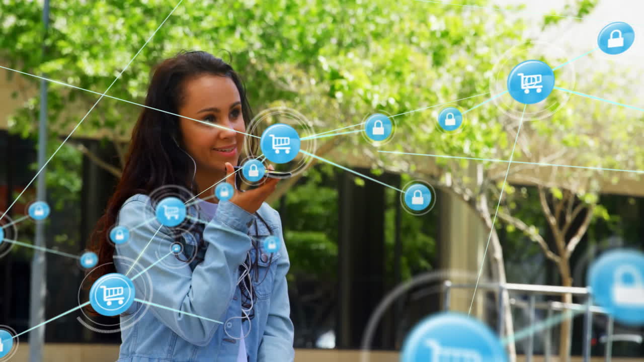 woman speaking into smartphone outdoors, projecting holographic lock icons for secure shopping tech