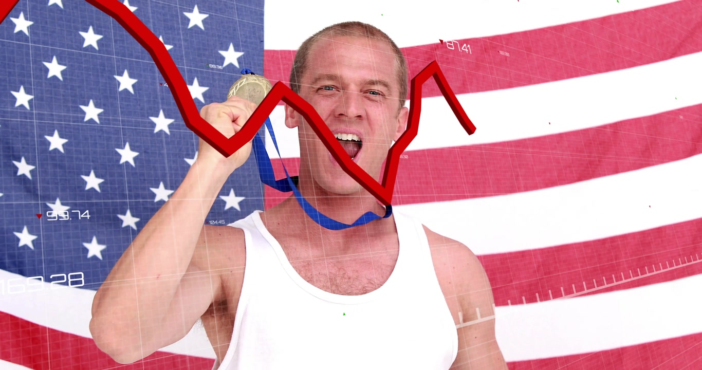 Athlete raising gold medal biting it flexing arm as red finance graph fluctuating celebrating win