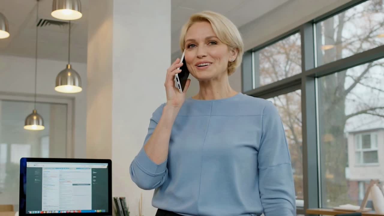 Confident Blonde Businesswoman Smiling Professionally in a Modern Office