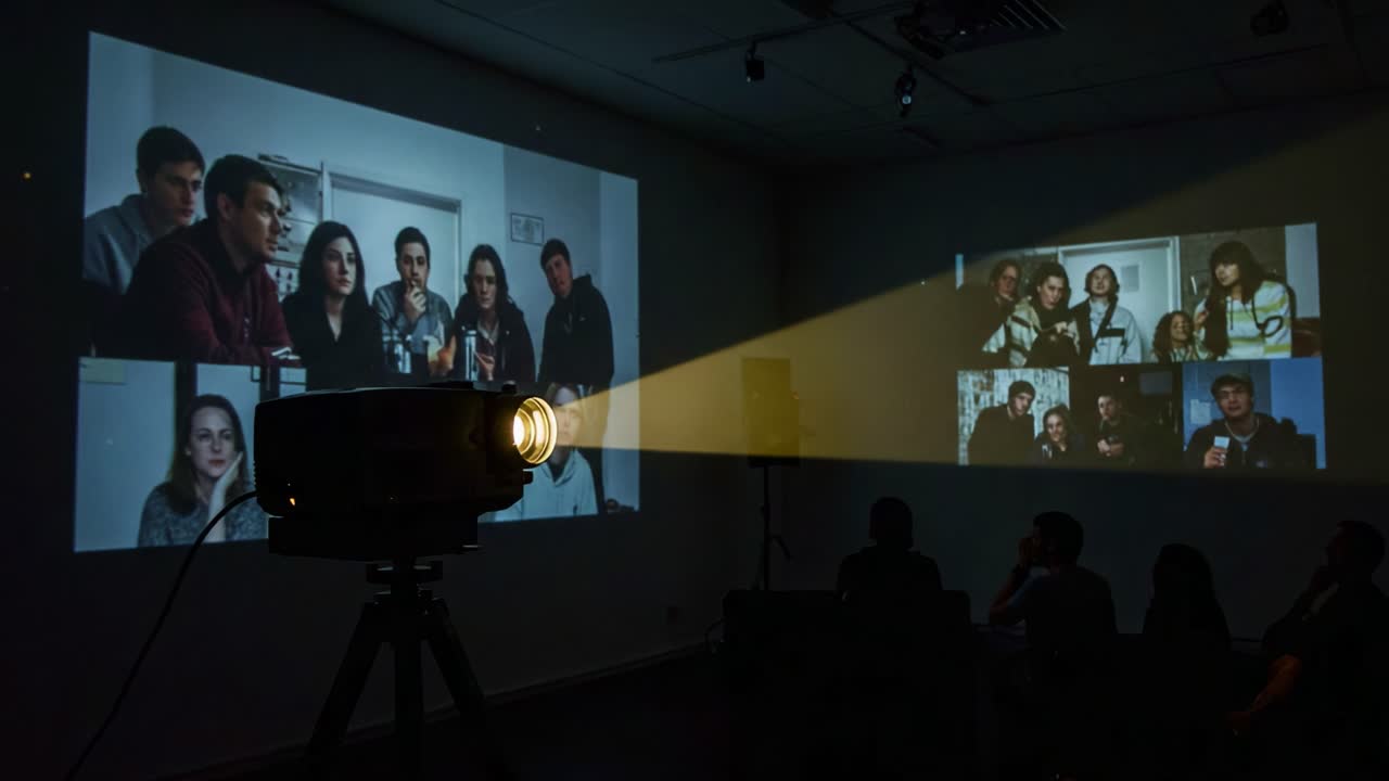 Engaged Audience Watching a Projector Presentation with Multiple Video Frames Displaying Different Groups of People in a Room Setting