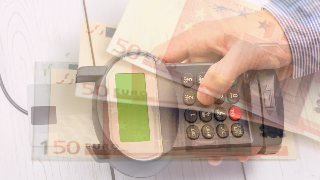 유로 지폐가 결제 터미널을 들고 있는 백인 남자의 손에서 떨어지는 애니메이션
