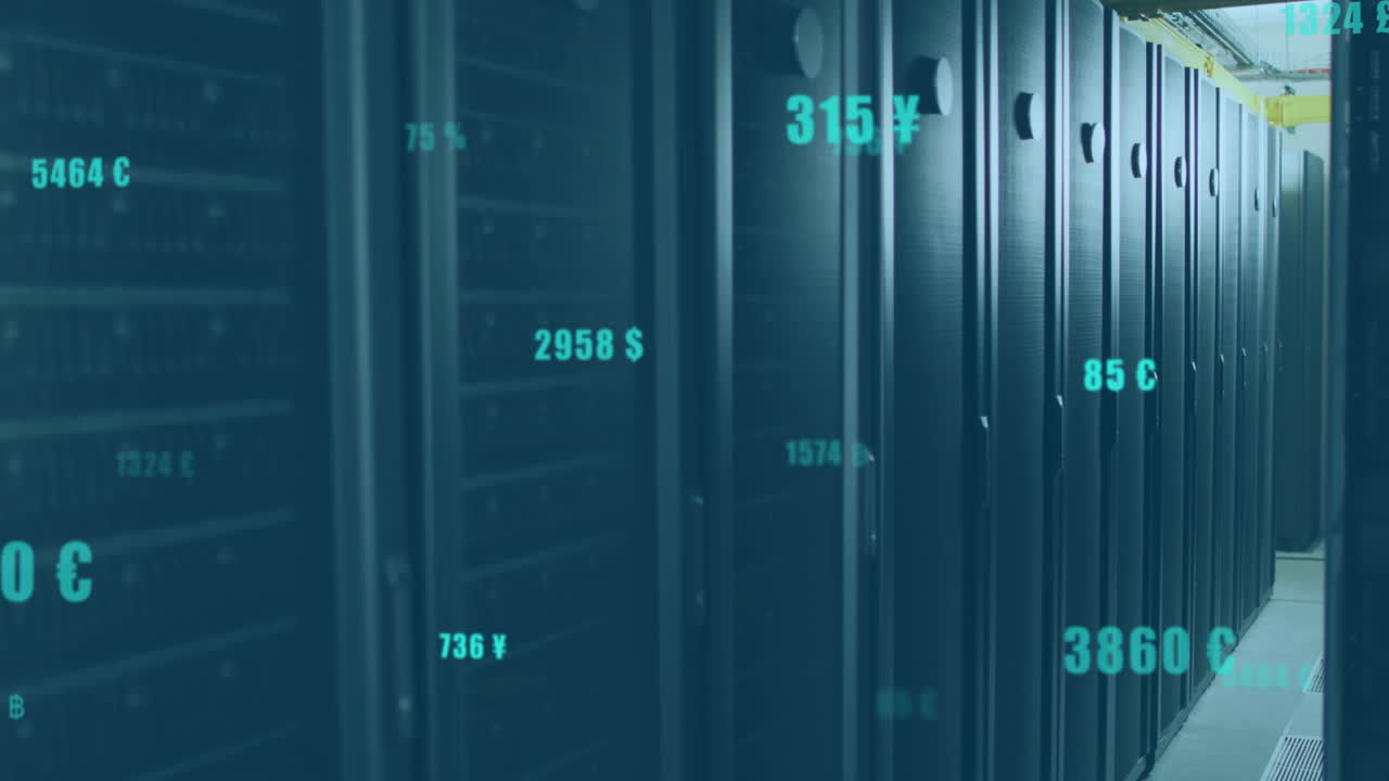 animación de números cambiantes con símbolos de divisas en la sala del servidor de datos