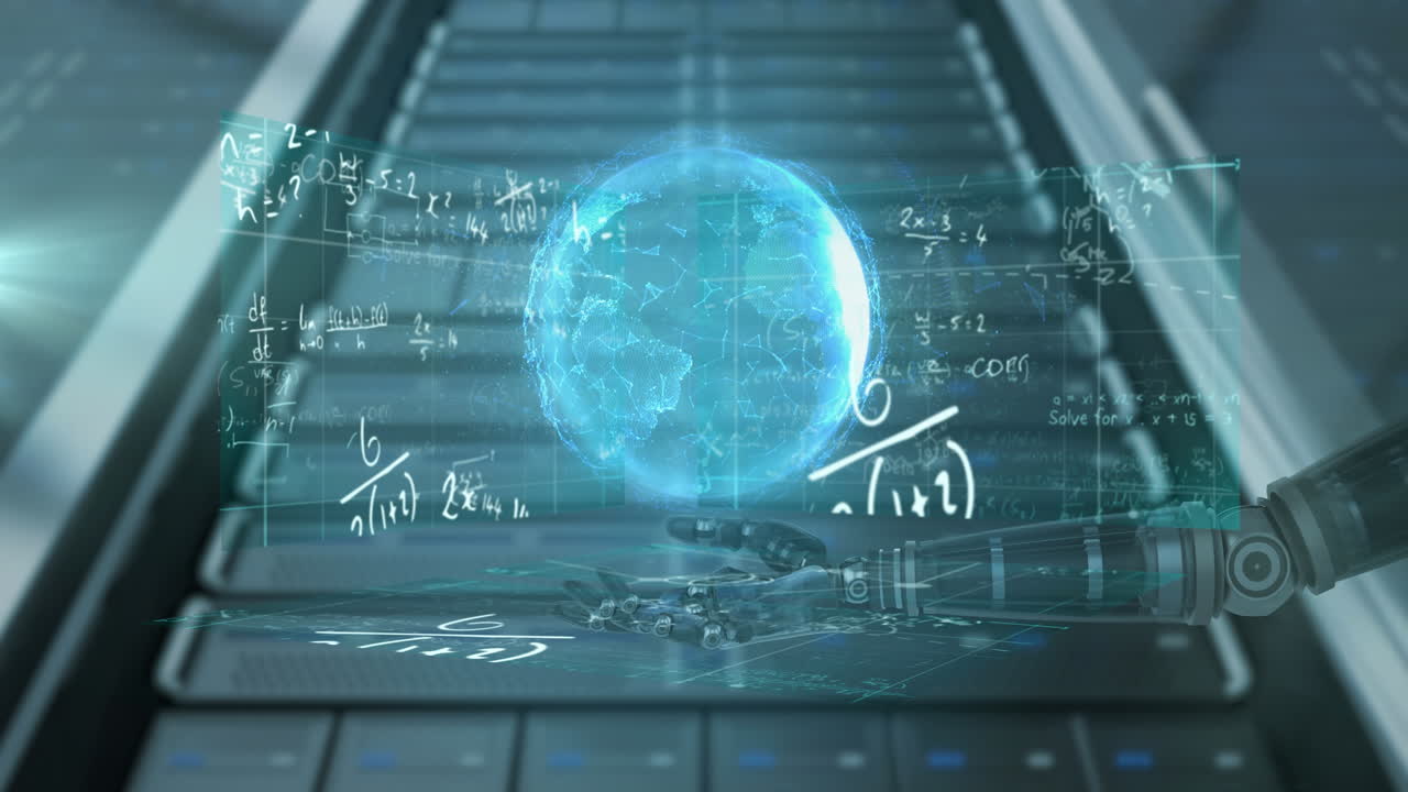 로의 팔 위에 있는 지구의 애니메이션과 스크린에서 데이터 처리