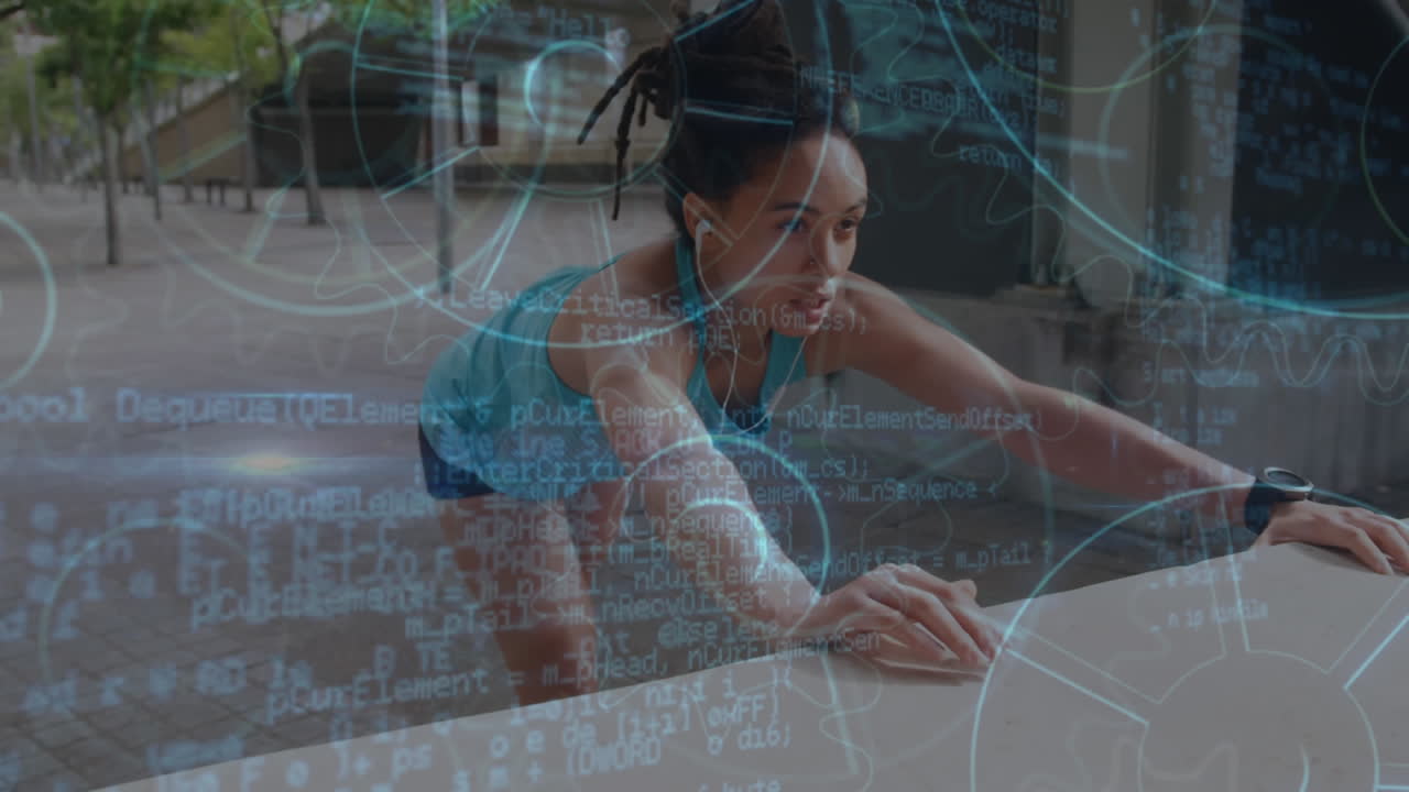 Scope scanning and data processing against woman performing stretching exercise