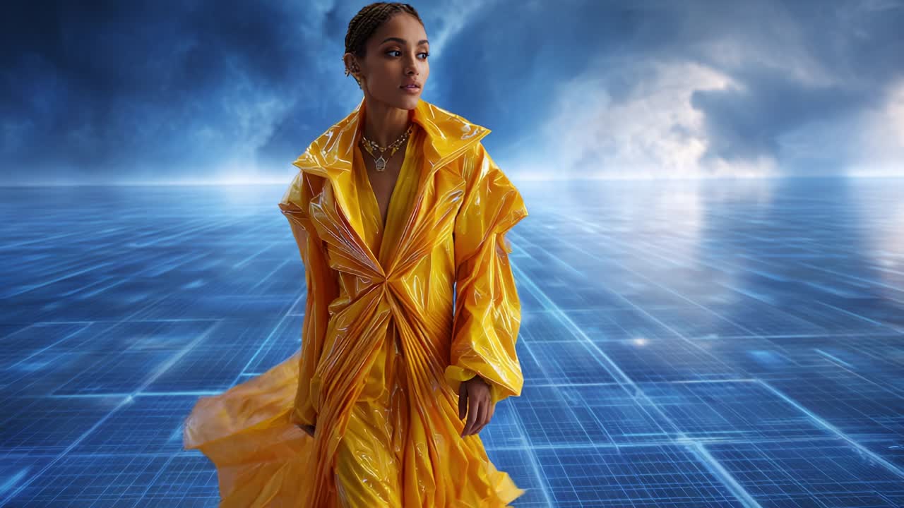 A captivating figure stands in a striking yellow raincoat, showcasing confidence and style against a futuristic backdrop of swirling clouds and a digital grid, embodying elegance and individuality