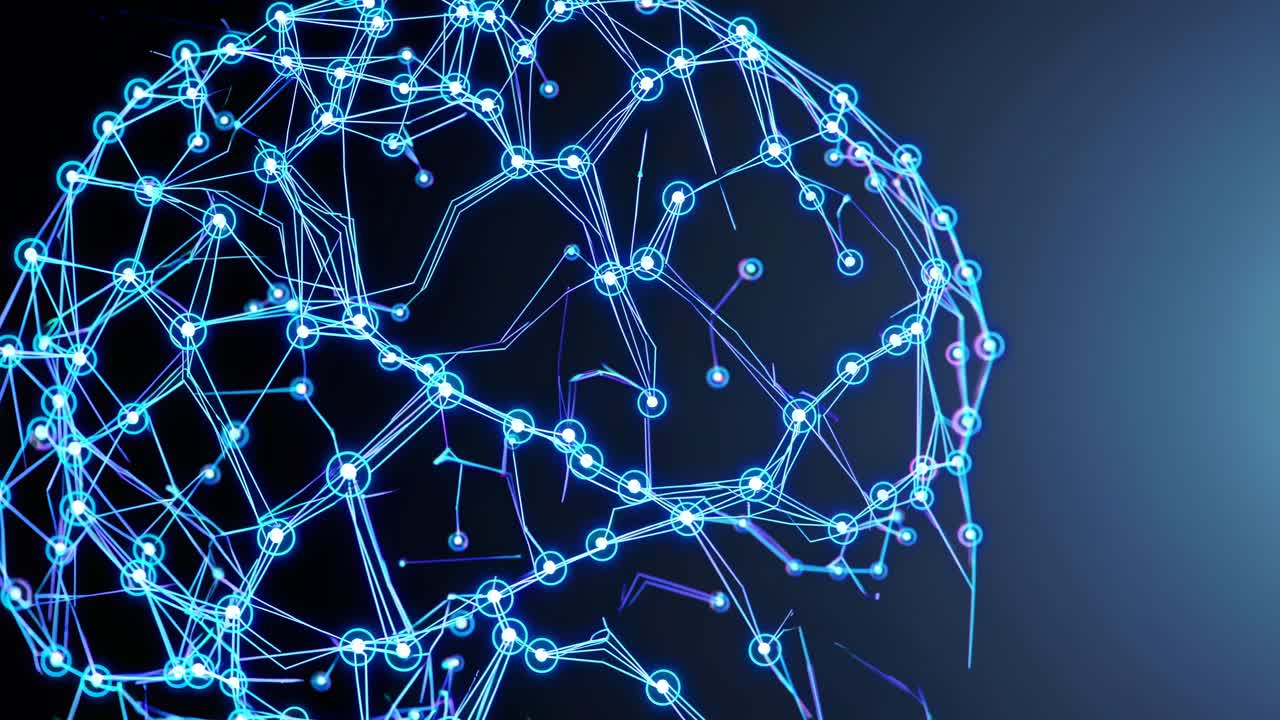 Futuristic digital brain network with glowing nodes, captured from a side angle