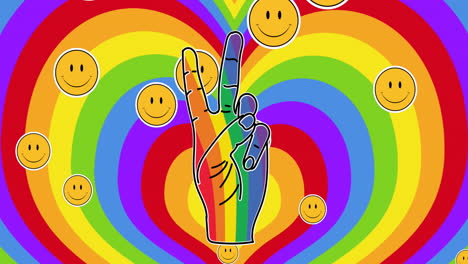 animation of lgbtq rainbow hand and smiley faces over rainbow hearts background