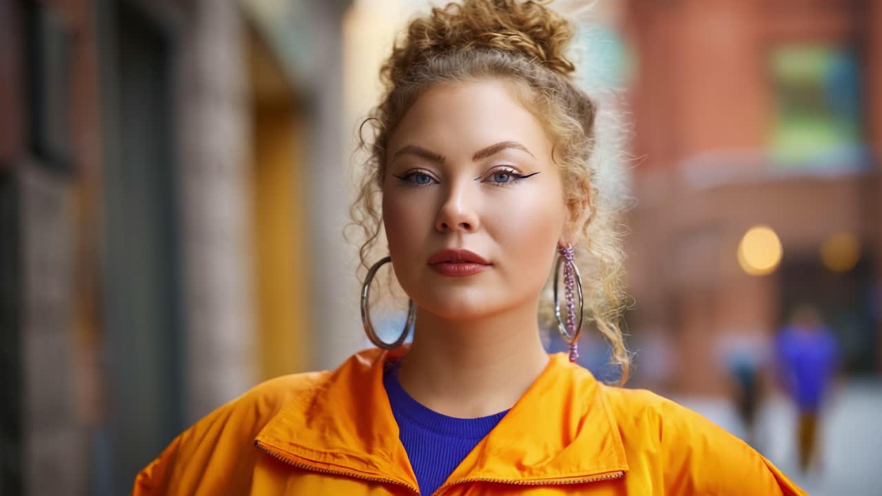 Giovane donna sicura di sé con un'elegante giacca arancione e orecchini vistosi, che posa per la fotocamera su uno sfondo urbano leggermente sfocato