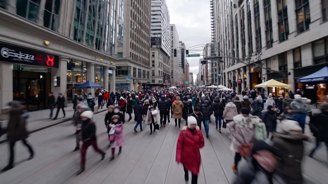 A dynamic street-level video captures a bustling city crowd in motion, showcasing urban life