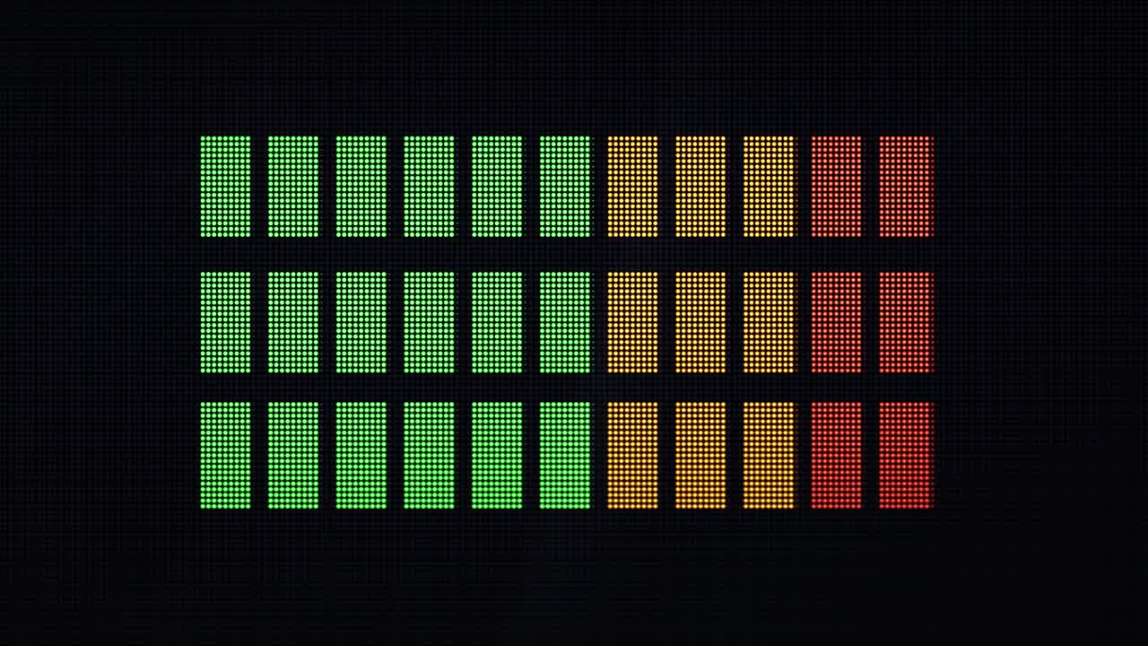 dof와 함께 위아래로 움직이는 수평 볼륨 레벨 막대의 애니메이션 2d led 디스플레이와 카메라가 디스플레이를 향해 천천히 이동하여 더 많은 초점을 맞춥니다.