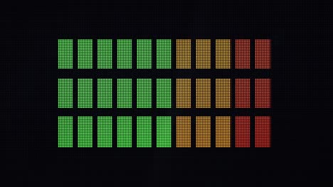 pantalla led 2d animada de barras de nivel de volumen horizontales que se mueven hacia arriba y hacia abajo con dof y la cámara se mueve lentamente hacia la pantalla para enfocarla más