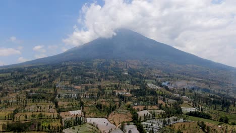 dry land fields and mount sumbing in background in indonesia, aerial view