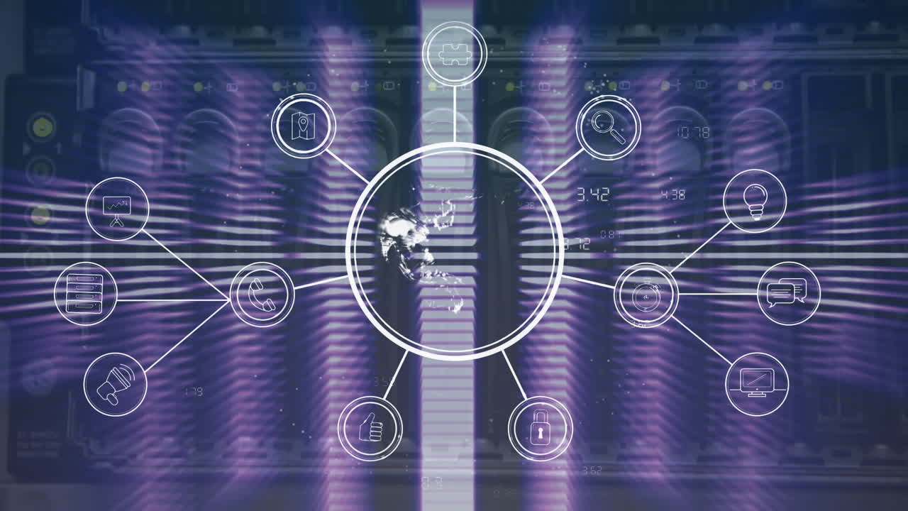 Network of connections and data processing animation over server racks
