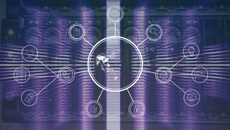Network of connections and data processing animation over server racks