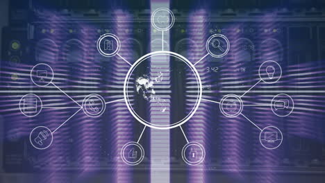 network of connections and data processing animation over server racks