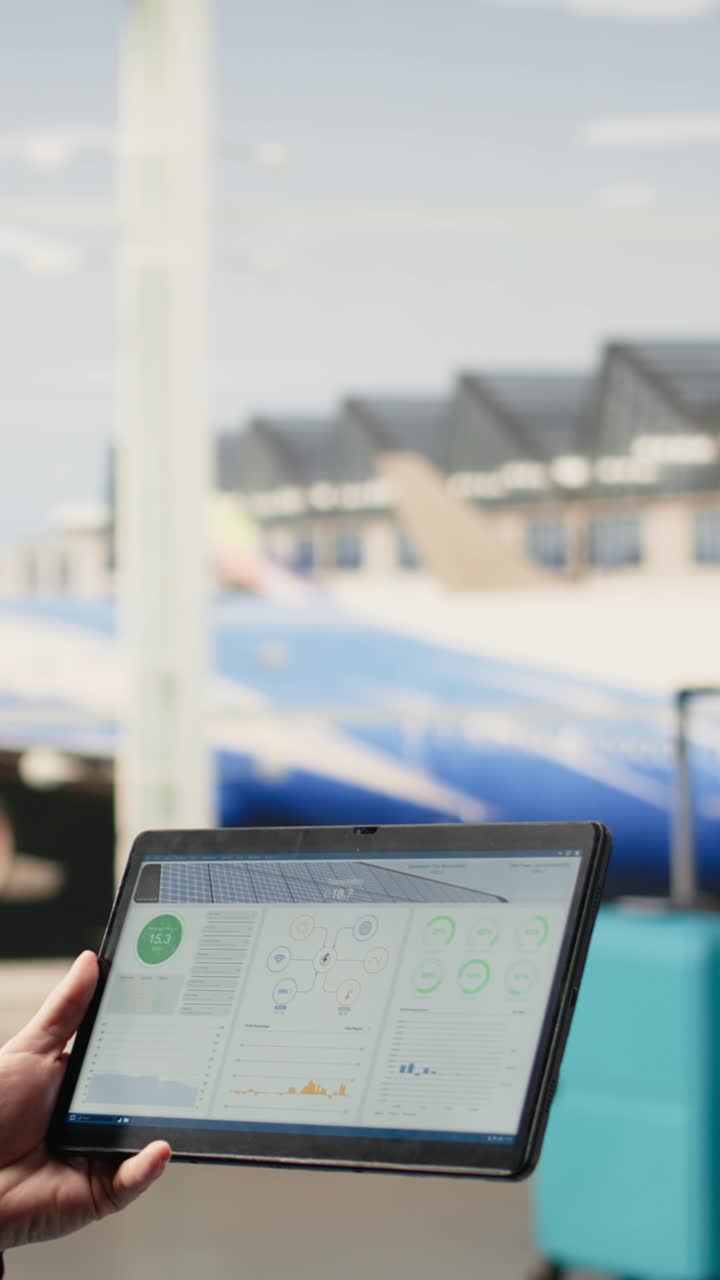 Vertical Video Renewable energy, photovoltaic panels performance, digital nomad in airport