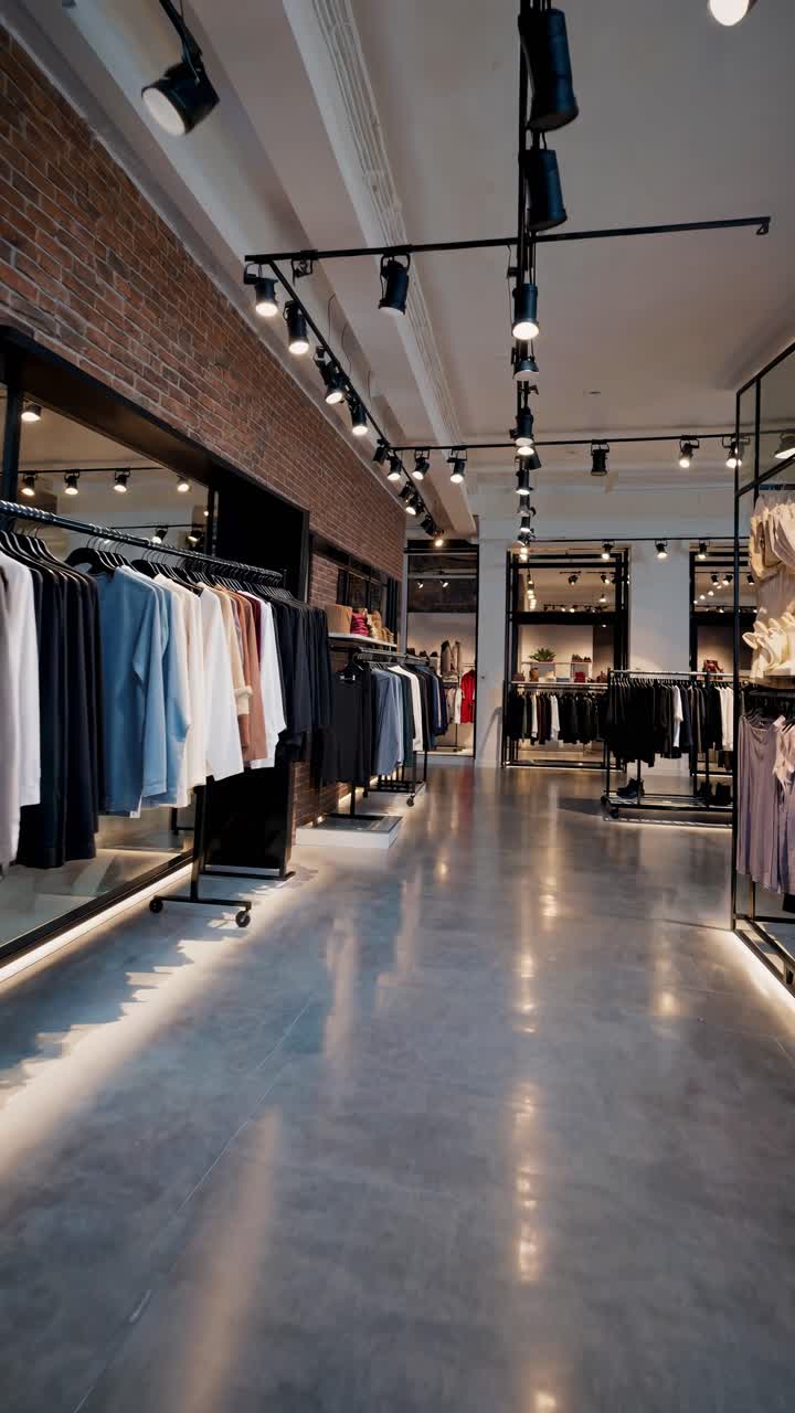Plano gran angular del interior de una tienda de ropa moderna con elegantes estanterías y suelos pulidos