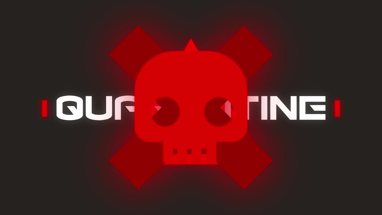 Animation of quarantine text over warning sign on black background